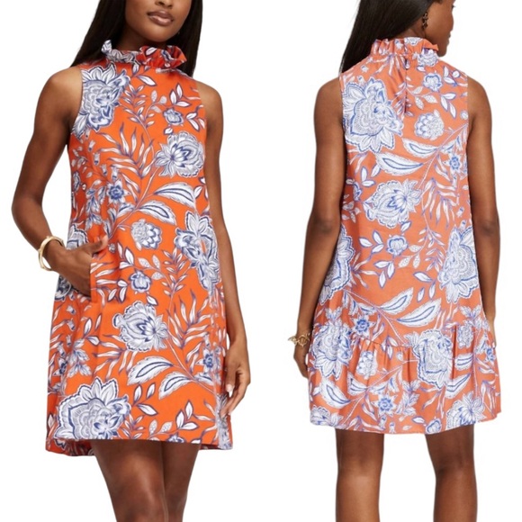 Tyler Boe Stella Fleur De Lis Skimmer Floral Print Ruffle Neck Mini Dress - S - Picture 4 of 16